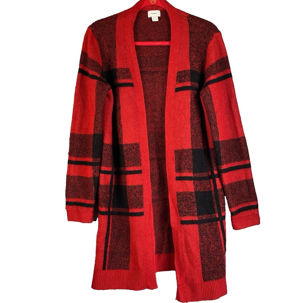 Old Navy Womens Red Black Buffalo Plaid Open Front Cardigan Acrylic Sweater Sz M